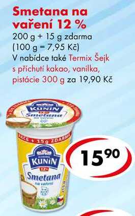 Smetana na vaření 12%, 200 g + 15 g zdarma