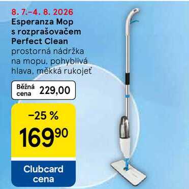 Esperanza Mop s rozprašovačem Perfect Clean, prostorná nádržka na mopu. pohyblivá hlava, měkká rukojeť