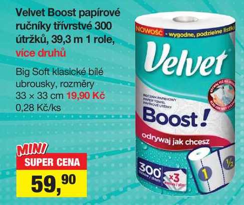Velvet Boost papírové ručníky třívrstvé 300 útržků