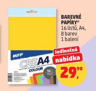BAREVNÉ PAPÍRY 16 listů, A4, 8 barev, 1 balení