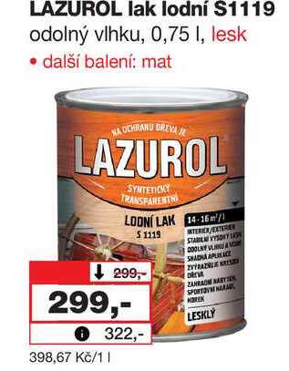 LAZUROL lak lodní S1119 odolný vlhku, 0,75 l