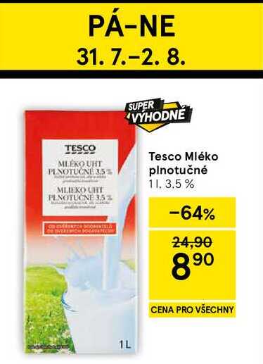 Tesco Mléko plnotučné, 1 l