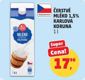 ČERSTVÉ MLÉKO 1,5% KARLOVA KORUNA, 1 l 