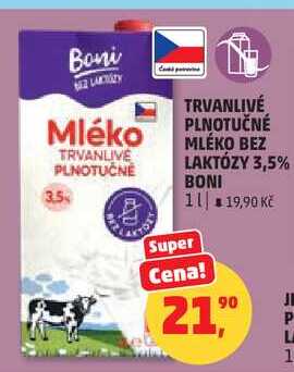 TRVANLIVÉ PLNOTUČNÉ MLÉKO BEZ LAKTÓZY 3,5%, 1 l  
