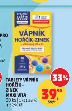 TABLETY VÁPNÍK HOŘČÍK - ZINEK MAXI VITA, 30 ks   