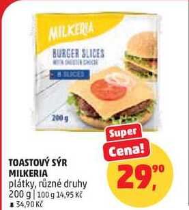 TOASTOVÝ SÝR MILKERIA plátky, různé druhy, 200 g  