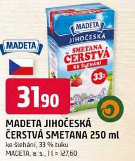 MADETA JIHOČESKÁ ČERSTVÁ SMETANA 250 ml ke šlehání, 33% tuku 
