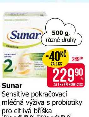 Sunar Sensitive pokračovací mléčná výživa s probiotiky pro citlivá bříška 500g
