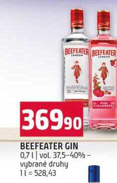 BEEFEATER GIN 0,7l vol. 37,5-40% vybrané druhy 
