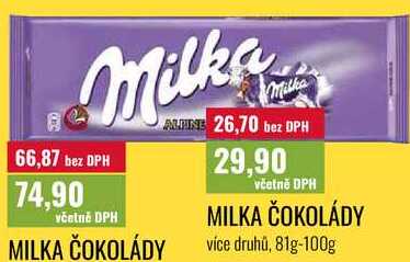 MILKA ČOKOLÁDY, více druhů, 81g-100g
