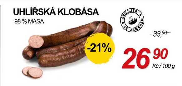 UHLÍŘSKÁ KLOBÁSA 98% MASA, 100 g