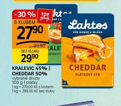 KRALEVIC 45% | CHEDDAR 50% vybrané druhy 100 g | plátky