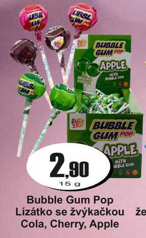 Bubble Gum Pop Lízátko se žvýkačkou že Cola, Cherry, Apple 15 g