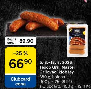 Tesco Grill Master Grilovací klobásy, 350 g, balená
