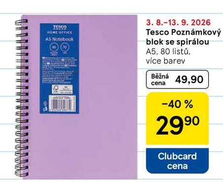 Tesco Poznámkový blok se spirálou A5, 80 listů, více barev