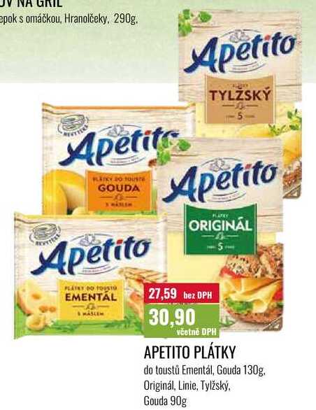 APETITO PLÁTKY, do toustů Ementál, Gouda 130g. Originál, Linie, Tylžský, Gouda 90g 