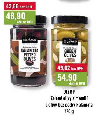 OLYMP Zelené olivy s mandlí a olivy bez pecky Kalamata 320 g