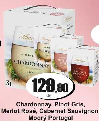Chardonnay, Pinot Gris, Merlot Rosé, Cabernet Sauvignon. Modrý Portugal 3 L