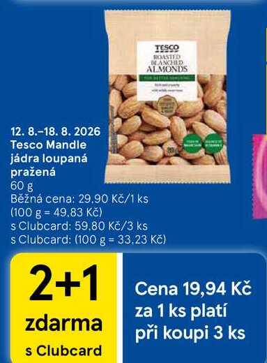 Tesco Mandle jádra loupaná pražená, 60 g