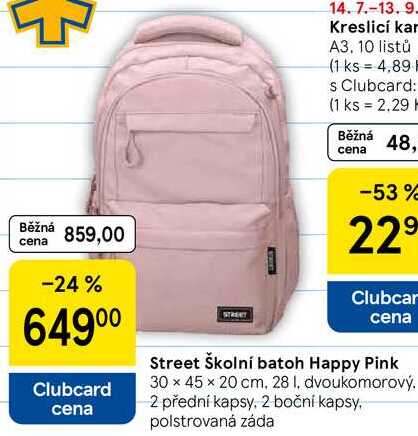 Street Školní batoh Happy Pink, 30 x 45 x 20 cm, 28 l, dvoukomorový. 2 přední kapsy, 2 boční kapsy, polstrovaná záda
