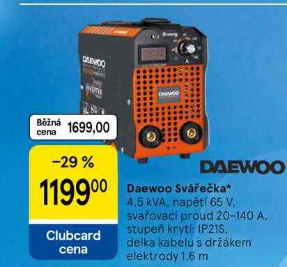 Daewoo Svářečka, 4.5 kVA, napětí 65 V. svařovací proud 20-140 A. stupeň krytí: IP21S. délka kabelu s držákem elektrody 1.6 m