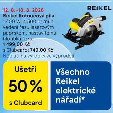 Reikel Kotoučová pila, 1400 W. 4 500 ot/min. vedení řezu laserovým paprskem, nastavitelná hloubka řezu