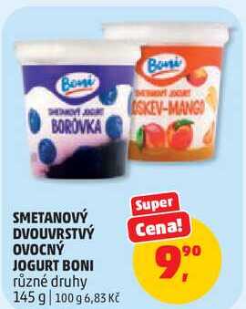 SMETANOVÝ DVOUVRSTVÝ OVOCNÝ JOGURT BONI různé druhy, 145 g