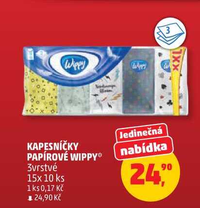 KAPESNÍČKY PAPÍROVÉ WIPPY nabídka 3vrstvé, 15x 10 ks 