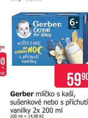 Gerber mlíčko s kaší, sušenkové nebo s příchutí vanilky 2x 200 ml