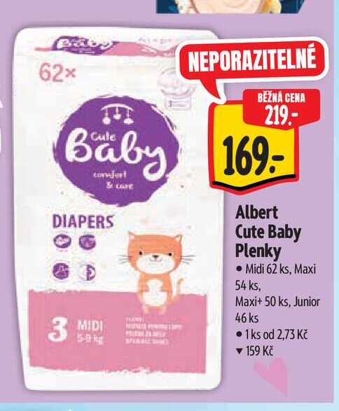 Albert Cute Baby Plenky Midi 62 ks, Maxi 54 ks, Maxi+ 50 ks, Junior 46 ks