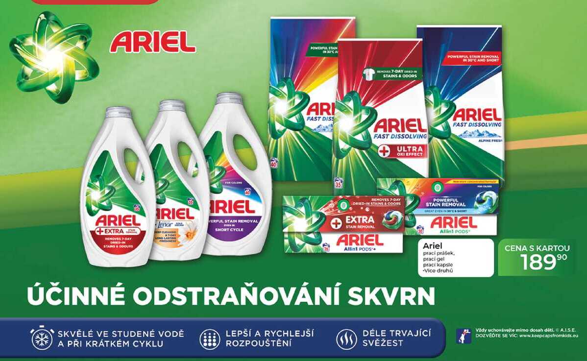 Ariel prací prášek, praci gel prací kapsle  