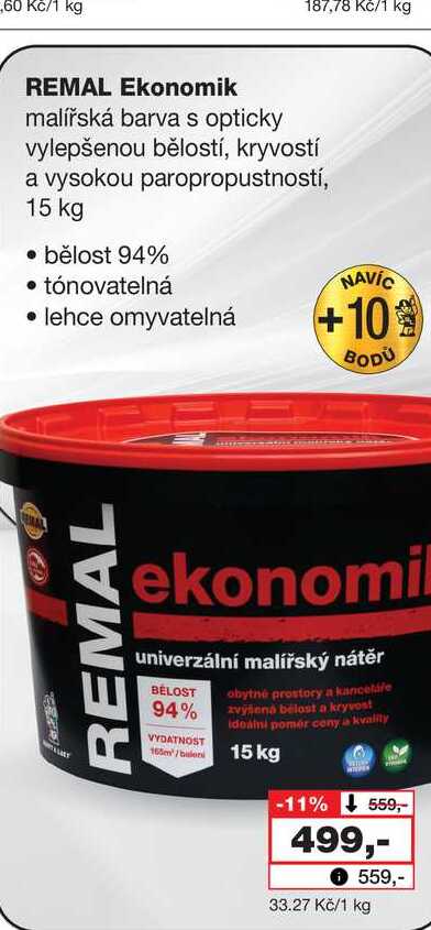 REMAL Ekonomik malířská barva s opticky vylepšenou bělostí, kryvostí a vysokou paropropustností, 15 kg