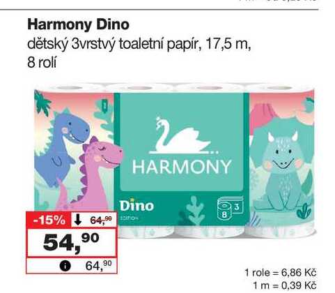 Harmony Dino dětský 3vrstvý toaletní papír, 17,5 m, 8 rolí