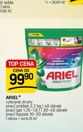 ARIEL* vybrané druhy prací prášek 2,2 kg | 40 dávek prací gel 1,35-1,8 II 30-40 dávek prací kapsle 10-30 dávek