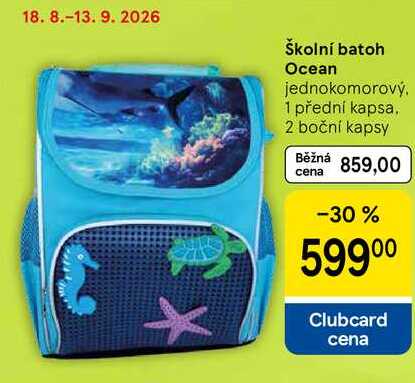 Školní batoh Ocean, jednokomorový. 1 přední kapsa. 2 boční kapsy