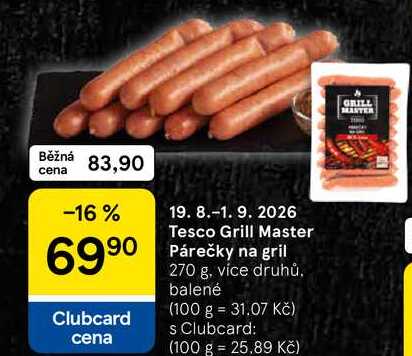 Tesco Grill Master Párečky na gril, 270 g, více druhů