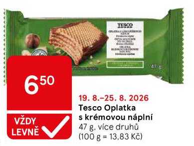 Tesco Oplatka s krémovou náplní, 47 g