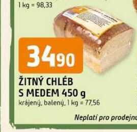 ŽITNÝ CHLÉB S MEDEM 450 g krájený, balený
