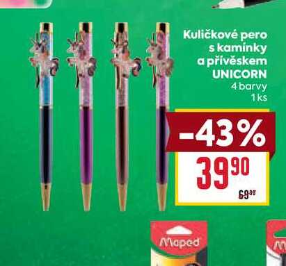 Kuličkové pero s kamínky a přívěskem UNICORN 4 barvy 1ks