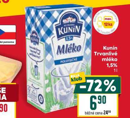 Kunín Trvanlivé mléko 1,5% 1l