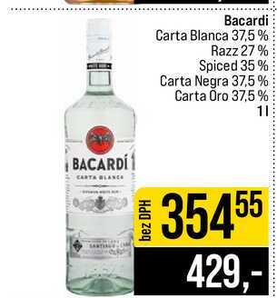 Bacardi Carta Blanca 37,5% Razz 27% Spiced 35% Carta Negra 37,5% Carta Oro 37,5% 1l