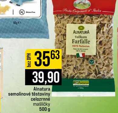 Alnatura semolinové těstoviny celozrnné mašličky 500 g