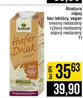 Alnatura nápoj bez laktózy, vegan ovesný neslazený rýžový neslazený sójový neslazený 1l