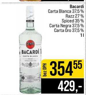 Bacardi Carta Blanca 37,5% Razz 27% Spiced 35% Carta Negra 37,5% Carta Oro 37,5% 1l