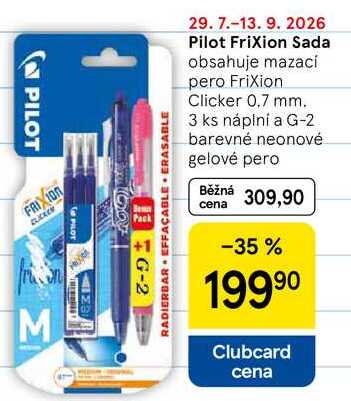 Pilot Frixion Sada, obsahuje mazací pero Frixion Clicker 0.7 mm. 3 ks náplní a G-2 barevné neonové gelové pero