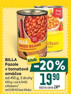 BILLA Fazole v tomatové omáčce od 410 g
