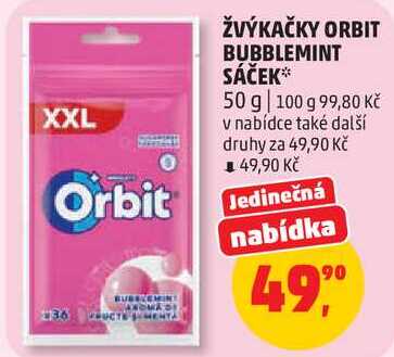 ŽVÝKAČKY ORBIT BUBBLEMINT SÁČEK, 50 g 