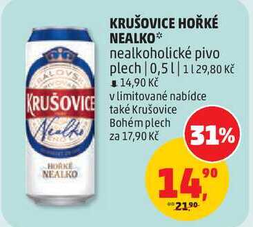 KRUŠOVICE HOŘKÉ NEALKO nealkoholické pivo plech, 0,5 l