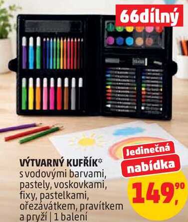 VÝTVARNÝ KUFŘÍK s vodovými barvami, pastely, voskovkami, fixy, pastelkami, ořezávátkem, pravítkem a pryží, 1 balení