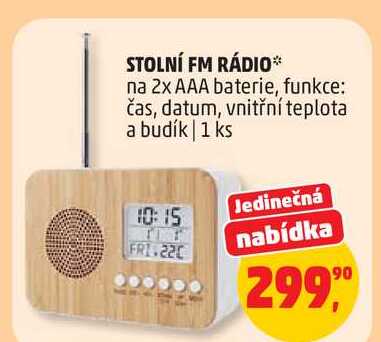 STOLNÍ FM RÁDIO na 2x AAA baterie, funkce: čas, datum, vnitřní teplota a budík, 1 ks